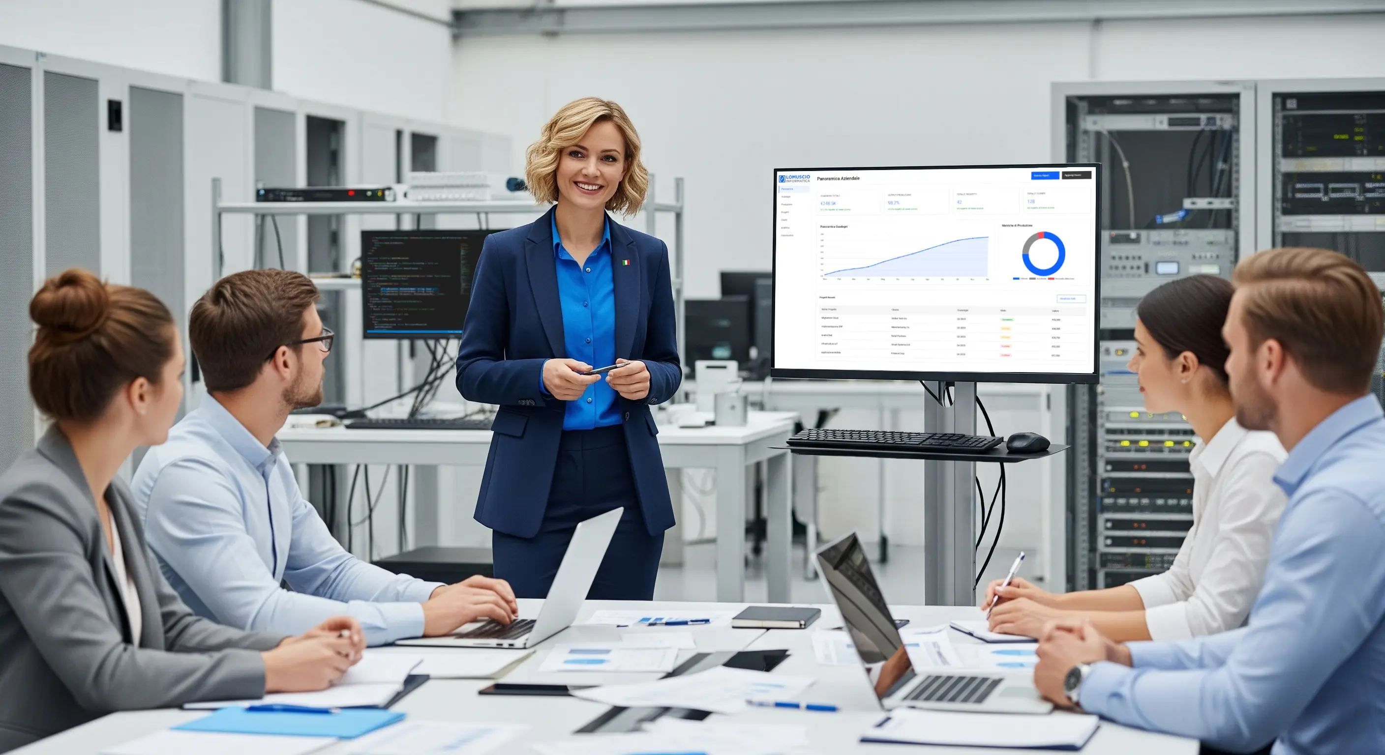 Presentazione in ufficio dei dati aziendali sulla dashboard del software gestionale in cloud progettato e sviluppato in italia da Lomuscio Informatica - Visita il sito internet ufficiale lomuscioinformatica.it per scoprire tutti i vantaggi del software gestionale in cloud.